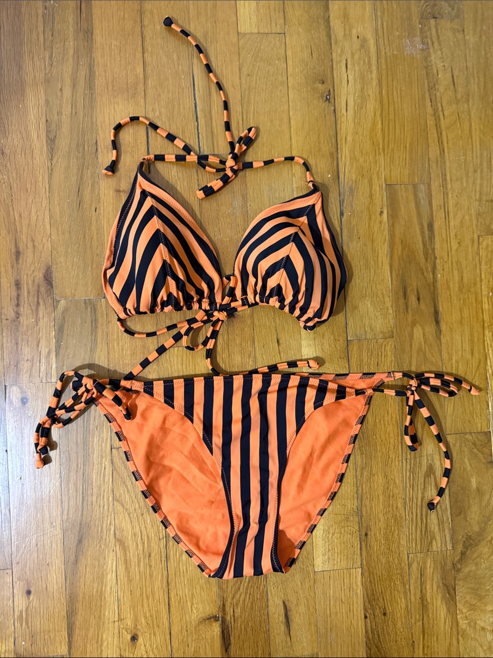 Orange and Black Striped Tie-Side Bikini